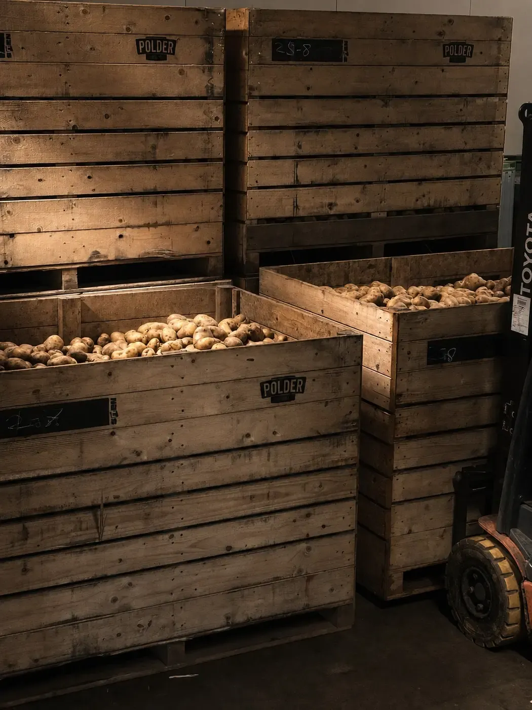 Houten kisten vol Agria-aardappels in de opslag