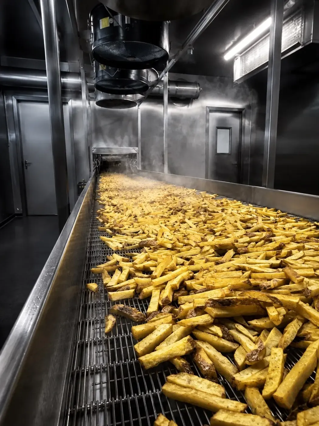 Frites op de transportband na het voorbakken