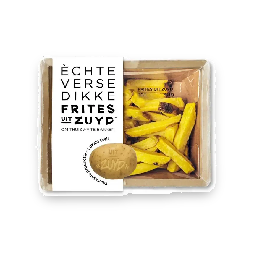 Witte retailverpakking met dikke verse frites