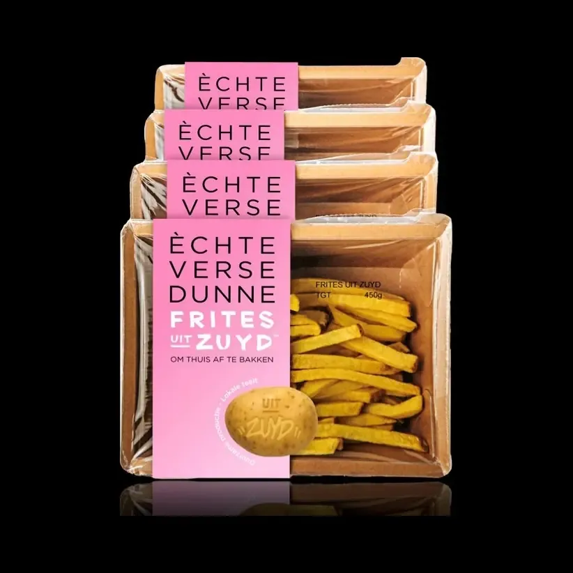 Roze retailverpakking met dunne verse frites